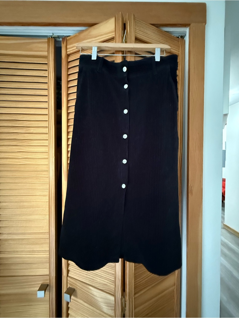 Button-Front Corduroy Paris Atelier Black Midi Skirt
